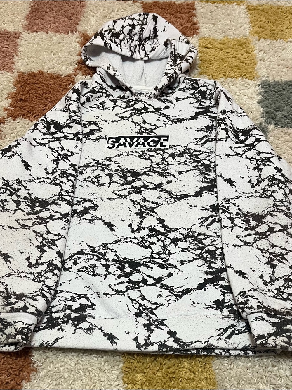 Brooklyn Cloth Youth Medium Salvage Black & White Marble-Print Hoodie Sweater